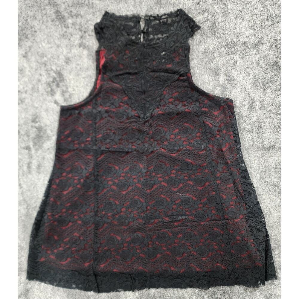 Daytrip Crimson with Black Lace Overlay, High Neck Tank, Womens Large